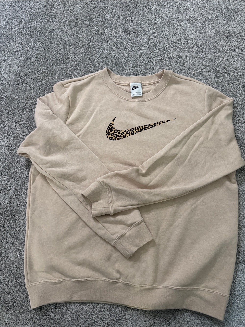 Nike Beige Crewneck Sweatshirt with Leopard Swoosh Accent